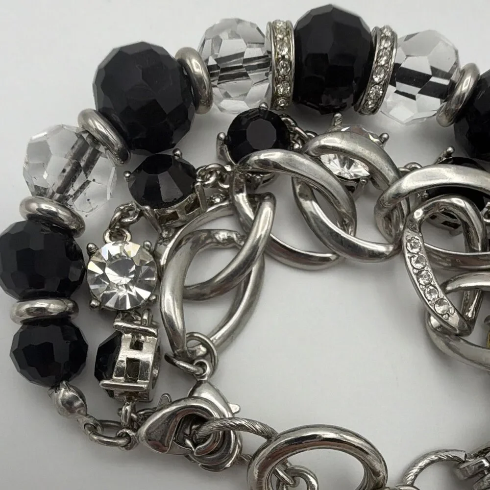 White House Black Market Signed Silver Tone Bead Charm Toggle Bracelet 7 in
